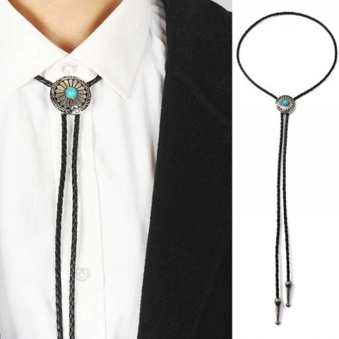Cowboy Bolo Tie for Men, Silver Nickel Plated, Vintage Western Style, Turquoise