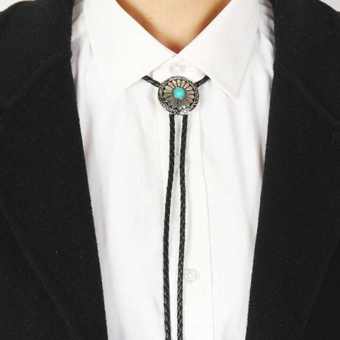 Cowboy Bolo Tie for Men, Silver Nickel Plated, Vintage Western Style, Turquoise