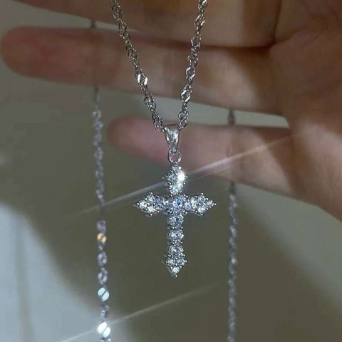 Shiny Zircon Cross Necklace for Women, Punk Style Thin Chain Jewelry