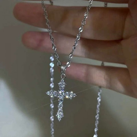 Shiny Zircon Cross Necklace for Women, Punk Style Thin Chain Jewelry
