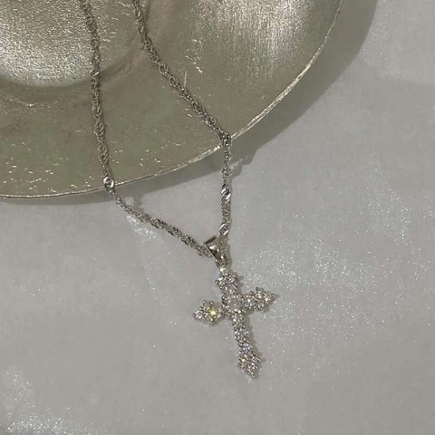 Shiny Zircon Cross Necklace for Women, Punk Style Thin Chain Jewelry