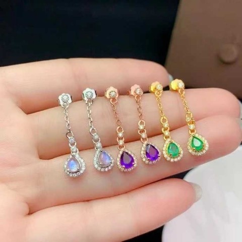 Chandelier Earrings by CoLife - Natural Emerald & Amethyst Moonstone in 925 Silver for Men
