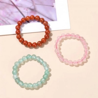 Handmade Bohemian Pink Quartz & Red Jasper Elastic Beads Ring for Women