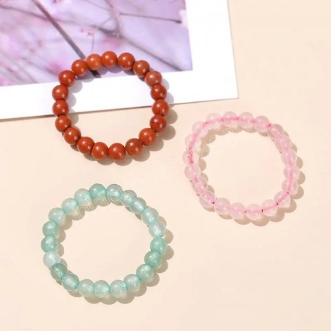 Handmade Bohemian Pink Quartz & Red Jasper Elastic Beads Ring for Women