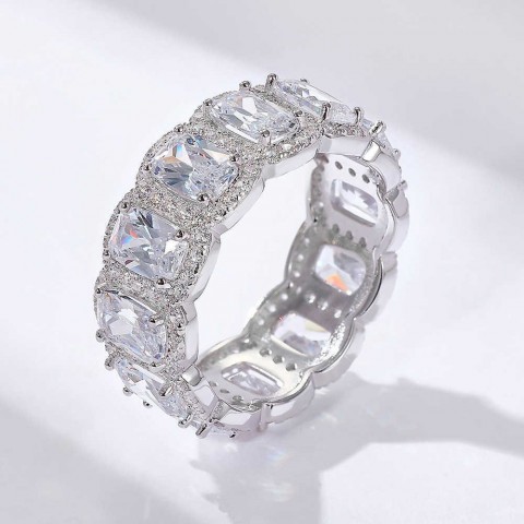Peishang Women's Full Diamond S925 Sterling Silver Band Ring Set with Geometric Square Zircon Aperture