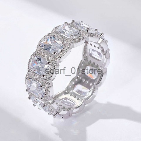 Peishang Women's Full Diamond S925 Sterling Silver Band Ring Set with Geometric Square Zircon Aperture