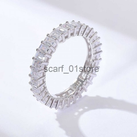 Peishang Women's Full Diamond S925 Sterling Silver Band Ring Set with Geometric Square Zircon Aperture
