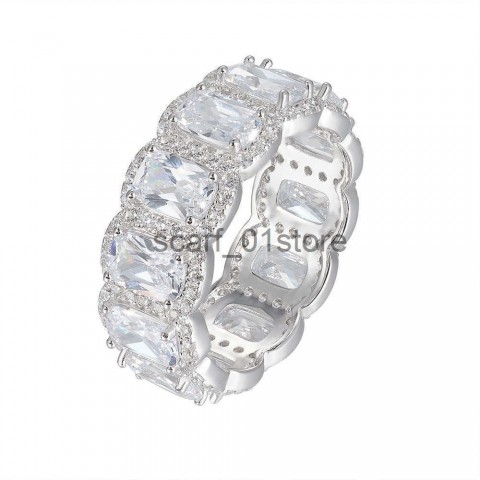 Peishang Women's Full Diamond S925 Sterling Silver Band Ring Set with Geometric Square Zircon Aperture