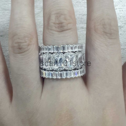 Peishang Women's Full Diamond S925 Sterling Silver Band Ring Set with Geometric Square Zircon Aperture
