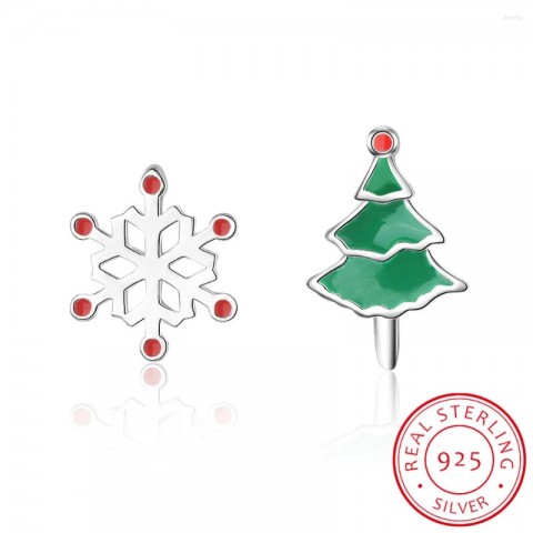 Stud Earrings 925 Sterling Silver Asymmetric Snow Tree Gift for Women