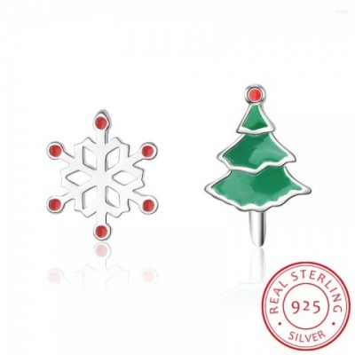 Stud Earrings 925 Sterling Silver Asymmetric Snow Tree Gift for Women