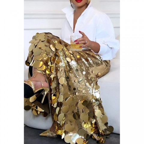 Shiny Sequin High-Waisted A-Line Skirt for Women