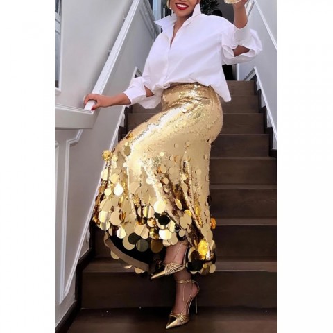 Shiny Sequin High-Waisted A-Line Skirt for Women