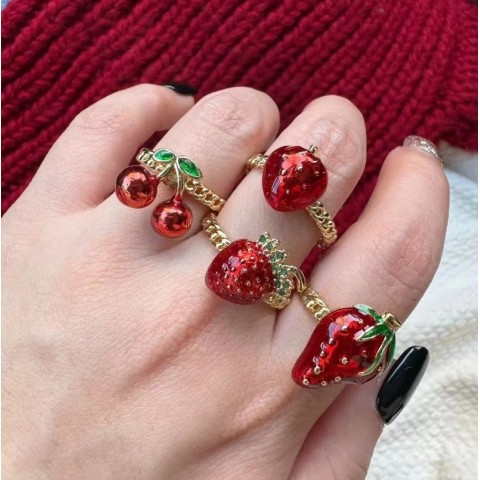 Trendy Women's Adjustable Fruit Charm Diamond Plated Band Ring for Wedding Party