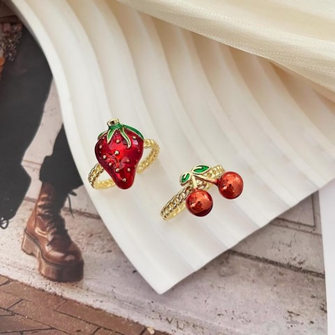 Trendy Women's Adjustable Fruit Charm Diamond Plated Band Ring for Wedding Party