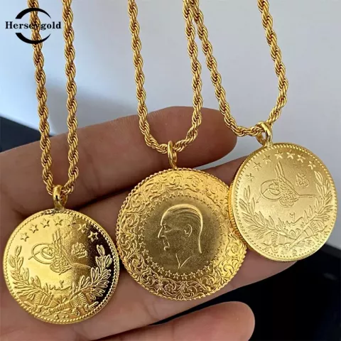 Turkish Gold Coin Necklace for Women, Arabic Totem Jewelry Gift