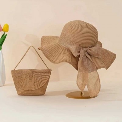 Stylish Khaki Wave Sun Hat with Ruffle Detail & Woven Shoulder Bag for Women XJ250304