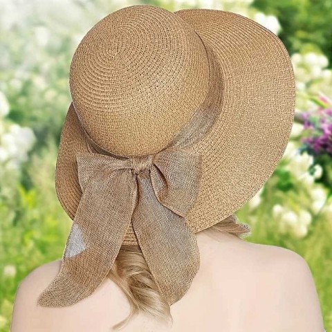 Stylish Khaki Wave Sun Hat with Ruffle Detail & Woven Shoulder Bag for Women XJ250304