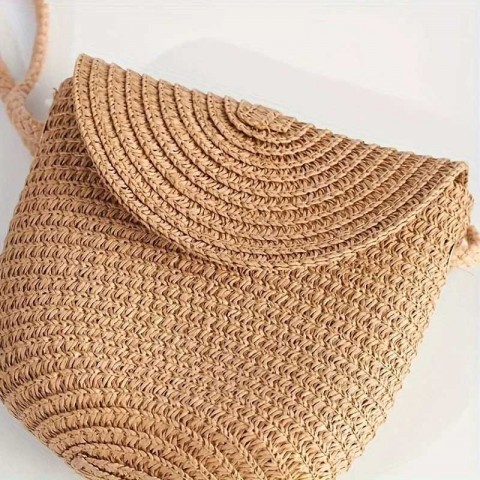 Stylish Khaki Wave Sun Hat with Ruffle Detail & Woven Shoulder Bag for Women XJ250304