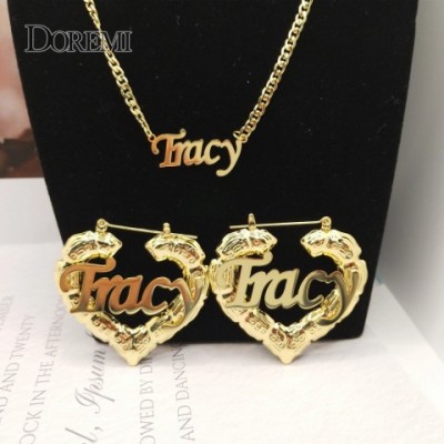 Customizable DOREMI Name Hoop Earrings & Necklace Set Heart Bamboo Design 3MM Cuban Chain
