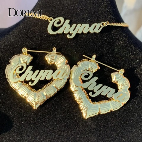 Customizable DOREMI Name Hoop Earrings & Necklace Set Heart Bamboo Design 3MM Cuban Chain