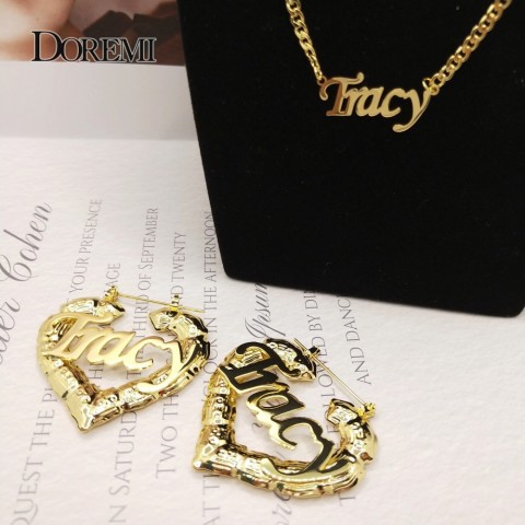 Customizable DOREMI Name Hoop Earrings & Necklace Set Heart Bamboo Design 3MM Cuban Chain