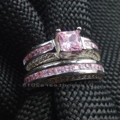 Luxury 10K White Gold Filled Pink Sapphire Princess Cut Ring Set for Women