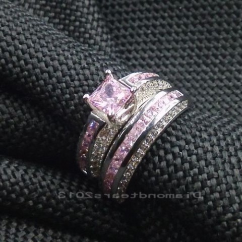 Luxury 10K White Gold Filled Pink Sapphire Princess Cut Ring Set for Women
