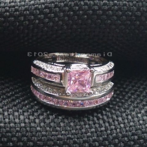 Luxury 10K White Gold Filled Pink Sapphire Princess Cut Ring Set for Women