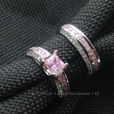 Luxury 10K White Gold Filled Pink Sapphire Princess Cut Ring Set for Women