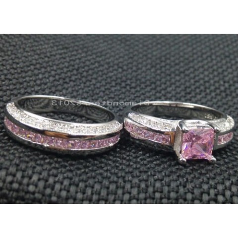 Luxury 10K White Gold Filled Pink Sapphire Princess Cut Ring Set for Women