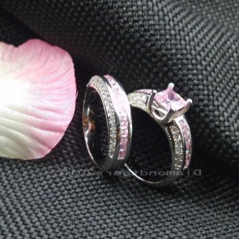 Luxury 10K White Gold Filled Pink Sapphire Princess Cut Ring Set for Women