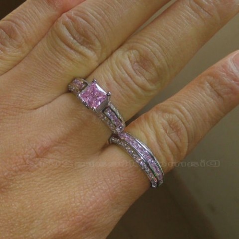 Luxury 10K White Gold Filled Pink Sapphire Princess Cut Ring Set for Women