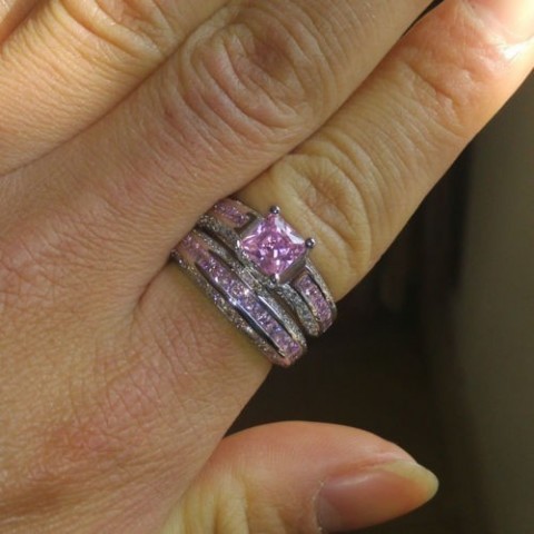 Luxury 10K White Gold Filled Pink Sapphire Princess Cut Ring Set for Women