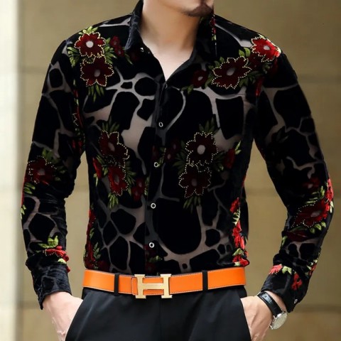 Elegant Acetate V-Neck Men's Dress Shirt for Daily Casual Wear