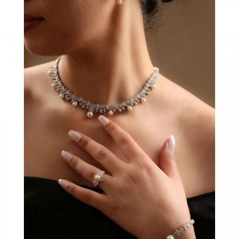 Cubic Zirconia Pearl Jewelry Set - Women's Wedding Bridal Gift 250320