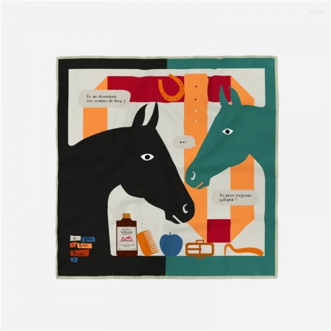 Luxury Twill Silk Scarves for Women with Horse Head Painting - 53CM Square Wraps