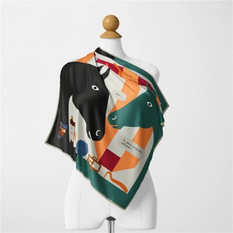 Luxury Twill Silk Scarves for Women with Horse Head Painting - 53CM Square Wraps