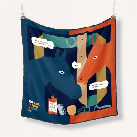 Luxury Twill Silk Scarves for Women with Horse Head Painting - 53CM Square Wraps