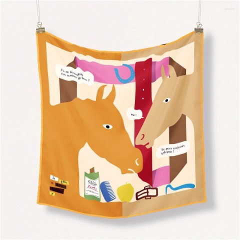 Luxury Twill Silk Scarves for Women with Horse Head Painting - 53CM Square Wraps