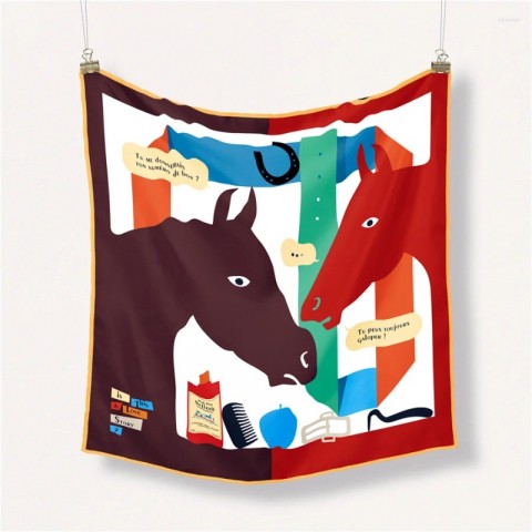 Luxury Twill Silk Scarves for Women with Horse Head Painting - 53CM Square Wraps