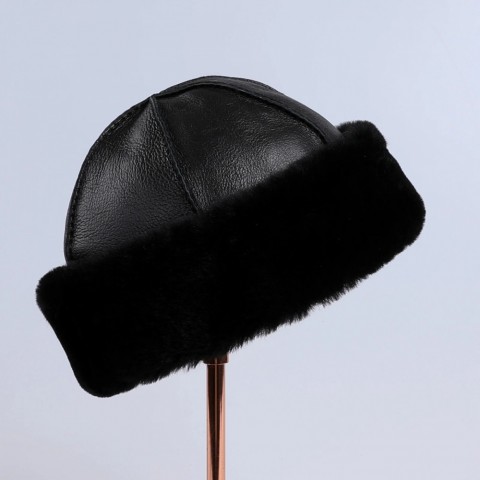 Unisex Premium Genuine Sheepskin Leather Beanie Hat - Warm Soft Fur Winter Cap