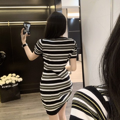 Classic Vintage Striped Short Sleeve T-Shirt with Alphabet Embroidery for Women