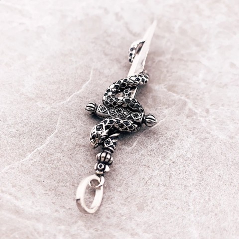 Blackened Snake Sword Pendant Necklace 925 Sterling Silver Unisex Gift