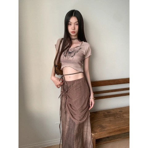 CHEERART Women's High-Waisted Brown Tie-Dye Midi Skirt with Shirring Bandage Detail