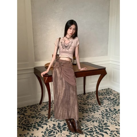 CHEERART Women's High-Waisted Brown Tie-Dye Midi Skirt with Shirring Bandage Detail