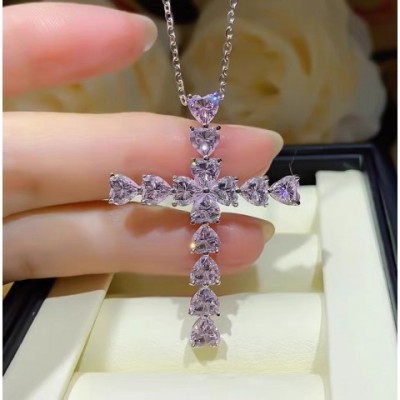 Sterg Sier Sterling Silver Cross Necklace with White Topaz CZ Heart for Women