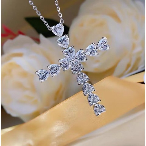 Sterg Sier Sterling Silver Cross Necklace with White Topaz CZ Heart for Women
