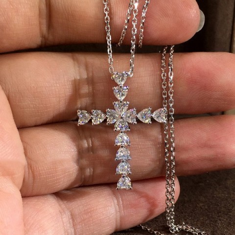 Sterg Sier Sterling Silver Cross Necklace with White Topaz CZ Heart for Women