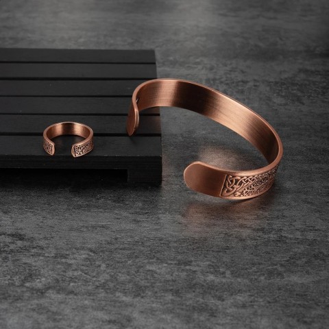 Magnetic Copper Yggdrasil Jewelry Set - Adjustable Bracelet & Ring for Men